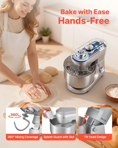 Miniatura 6 de Vevor Batidora Ajustable De Pie, Procesador De Alimentos De 1500 W Para Repostería, Con Bol De Acero Inoxidable, 5,7 L, Gancho Para Amasar, Batidor Y Varillas, 10 Velocidades, 375 X 241 X 292 Mm