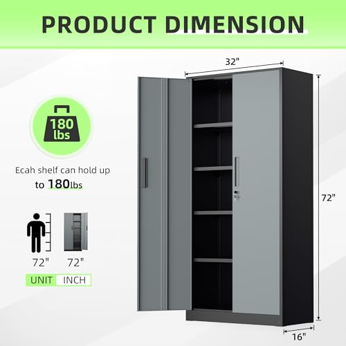 Image of INTERGREAT Metal Storage Cabinet, 72 inch Locking Steel Cabinets with 2 Door and 4 Adjustable Shelves, Tall Metal Cabinet for Home Office, Garage, Warehouse,(Black+Grey)