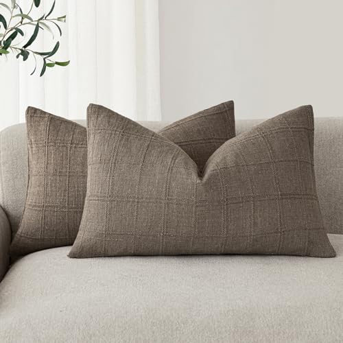 Image of Foindtower Set of 2 Decorative Linen Check Throw Pillow Covers Neutral Farmhouse Lumbar Cushion Covers Modern Boho Home Decor for Sofa Chair Couch Bedroom Living Room,12x24 Inch,Taupe Grey