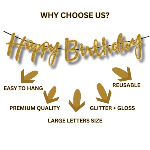 Image of KITTER Happy Birthday Banner Cursive Metallic with Glitters | Reusable - Golden Colour, Happy Birthday Golden Banner with Ribbon (Pack of 1 Banner)