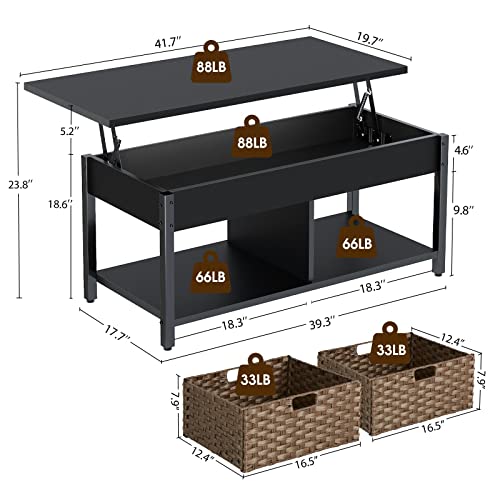 Rolanstar Coffee Table Lift Top, Coffee Table With Hidden Storage Compartment And 2 Rattan Baskets, 41.7" Retro Central Table With Wooden Lift Tabletop And Metal Frame For Living Room, Black #TOP2