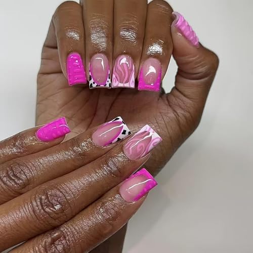 Image of Pink Nail Press ons French Tip Fake Nails with Embossed Design Glossy Glue on Nails Hot False Nails Reusable Artificial Acrylic Full Cover Short Square Stick on Nails for Women Girls Manicure 24Pcs