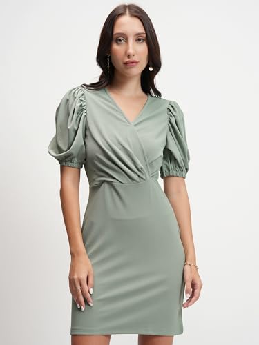 Image of Tokyo Talkies Womens Chic Sheath Mini Dress | Puff Short Sleeves for A Modern Elegance Sheath | Mini Length | Figure-Hugging Silhouette | Dress for Women | Women Dress | Stylish Women Dress