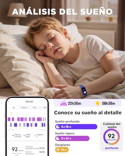 BIGGERFIVE Vigor 3 Pulsera de Actividad para Niños, Reloj Inteligente con Pantalla AMOLED, Funciona Sin App ni Móvil, Impermeable 3ATM, Monitor Ritmo Cardíaco y Sueño para Niños Niñas 5-15 Años, Azul - imagen 5