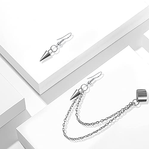 Andpai Unique Lightweight Black Silver Punk Long Tassel Chain Ear Cuff Earrings 316L Stainless Steel Vintage Barrel Nails Crawler Climer Dangle Drop Stud Earrings For Men Women Unisex (Silver) #TOP1