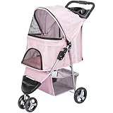 Trixie Foldable Pet Stroller for Cats and Dogs, Pet Carrier Strolling Cart with Weather Cover, Storage Basket, Cup Holder, Pink