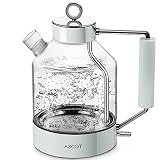 Wasserkocher Glas, ASCOT Glas Wasserkocher Elektrischer Wasserkocher Edelstahl, 2200W, 1,6L, Retro Design, BPA frei, leiser Schnellkochkessel, Trockengehschutz und automatische Abschaltung, Weiß