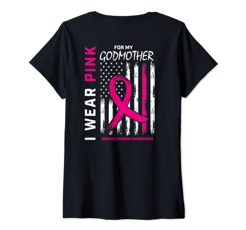 Mujer Gráfico con estampado de bandera de cáncer de mama «I Wear Pink Godmother» Camiseta Cuello V
