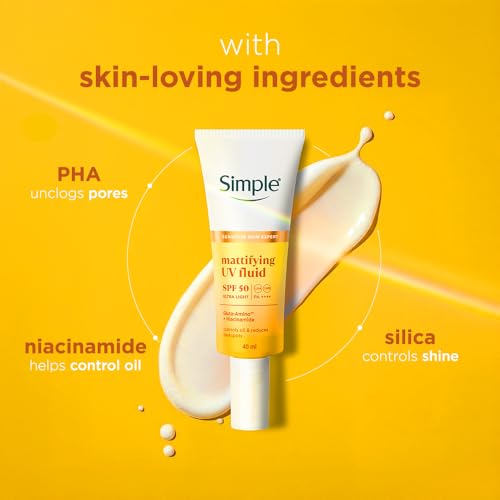 Image of Simple Mattifying UV Fluid |SPF 50 PA++++ | With Niacinamide & GlutaAmino Technology| Sunscreen for Oily Skin & Dark Spots |Ultra Lightweight & Non-Sticky | UVA UVB & Bluelight protection | 40ml