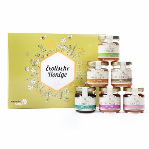Rüdiger Feldt Honig "Exotische Honige" Honig Geschenk-Set, Avocado, Quillaya, Tropenblüten, Urwald, Yukatan, Kaffeeblüten, 6x50g