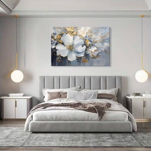 Décoration de chambre bleu-gris tableau fleurs blanches - 3