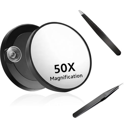Uvwxba 50X Magnifying Makeup Mirror with Suction Cup & 2 Precision Tweezers - Compact Portable Magnifier for Detailed Makeup, Skincare & Contact Lens Wear(Black)