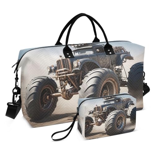 Large Travel Duffel Bag, Punk Monster Truck Sports Tote Gym Bag, Shoulder Weekender Overnight Bag for Women Men, Carry On Luggage with Toiletry Bags