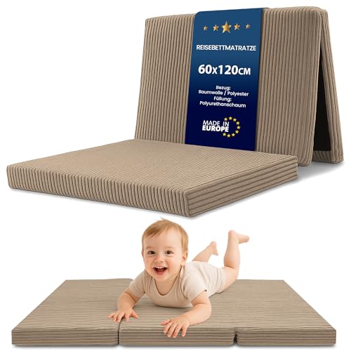 Materasso Pieghevole Bambini - 60x120 cm Brandina Ospiti Materassino da Pavimento Cameretta Materasso da Viaggio Compatto Leggero Rivestimento Sfoderabile Lavabile Oeko-Tex 60 x 120 Marrone