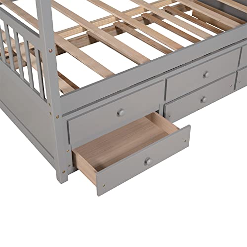 Full House Bed With Trundle And 3 Storage Drawers Full Size Captain’s Beds All In One Wood Daybed For Kids Boys Girls Teens Guests Sleepovers, Gray #TOP5