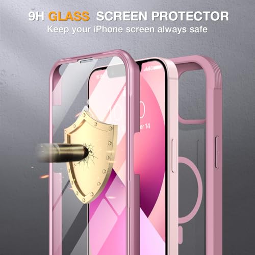 Image of Miracase for iPhone 13 mini Case 5.4 inch,Full-Body Protection,Clear Bumper Case with Built-in 9H Tempered Glass Screen Protector,Military-Grade Drop Protection Outdoor Phone Case for 13 mini,Dark Pink