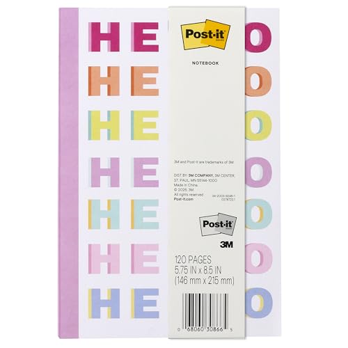 Post-it Lined Notebook, Colorful 'Hello' Cover, 5.75 in x 8.5 in, 120 Pages
