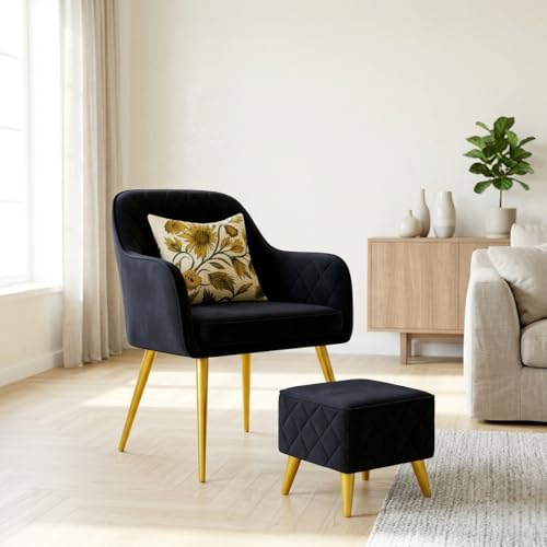 Image of Velvet Accent Chair with Pouffe & Floral Cushion | Modern Upholstered Armchair with Gold Metal Legs | Comfortable Lounge Chair for Living Room, Bedroom, Office (Dark Grey)