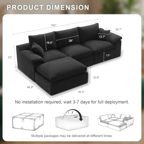 Image of Cloud Sectional Couch, Boneless Couches for Living Room, Black
