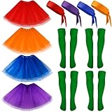 Tigeen 12 Pcs Halloween Women Tutu 80s Costume 90s Accessories Include 4 Adjustable Head Tie Headbands 4 Elastic Tulle Skirt 4 Pair Green Knee High Long Sports Socks for Women Cosplay Party