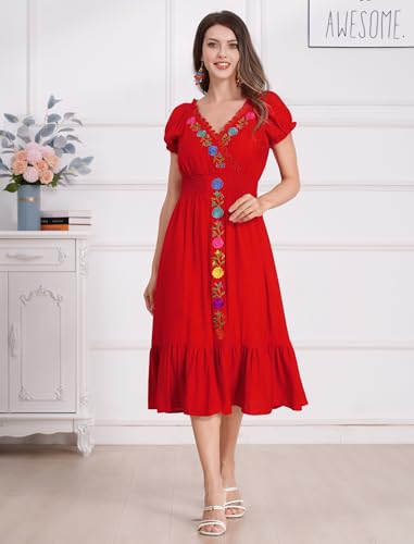 Women Mexican Dress V Neck Floral Embroidery Ruffle Dress Short Puff Sleeve Spring Summer Cinco De Mayo Party Dresses2