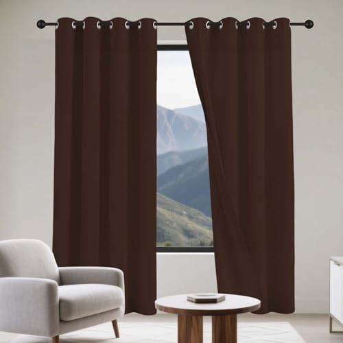 カーテン 遮光カーテン 遮音 220 x 115 cm ハトメ型突っ張り棒防音無地おしゃれ洗える部屋寝室幼児園喫茶店, 茶色
