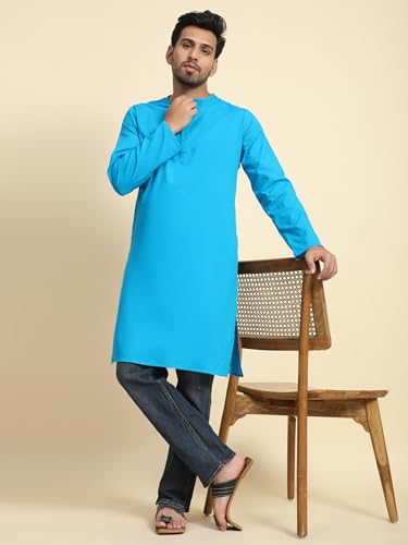 Image of Amazon Brand - Anarva Men's Cotton Solid Round Neck Kurta Long Sleeves Straight Knee Length Casual Shirt