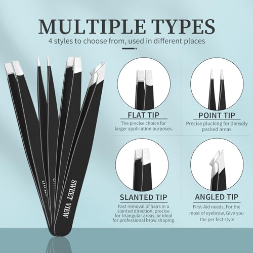 SWEET VIEW 7 Stück Pinzetten-Set, Augenbrauenzupfer für Frauen und Männer Gesicht, Braue, Kinn, eingewachsene Haare (Schwarz)