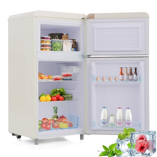 Frigorífico retro de 72 litros doble puerta superior e inferior con congelador de 21 litros frigorífico-congelador combinado 120 kWh/año minifrigorífico de ambiente color blanco.