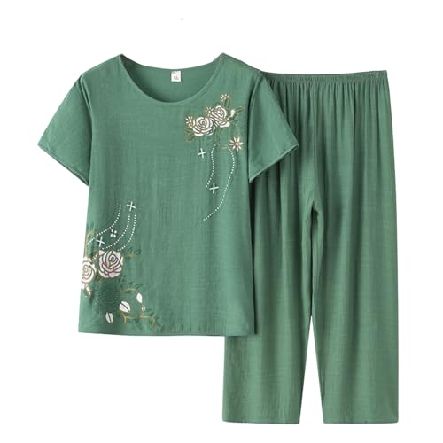 Image of FindThy Women's 2 Piece Linen Outfits Short Sleeve Floral Print Lounge Sets Crewneck Summer Suits