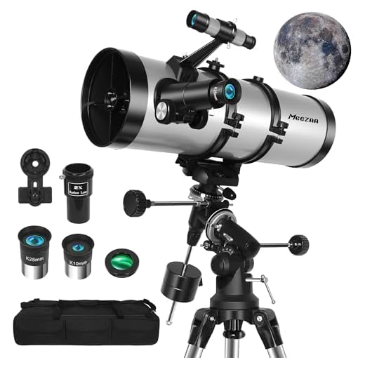 MEEZAA Telescopio Astronómico Adultos, 150EQ Newtoniano Reflector Telescopio Profesional Portátil Principiantes con Montura Ecuatorial, Trípode, Adaptador Teléfono, Filtro Lunar y Bolsa de Transporte