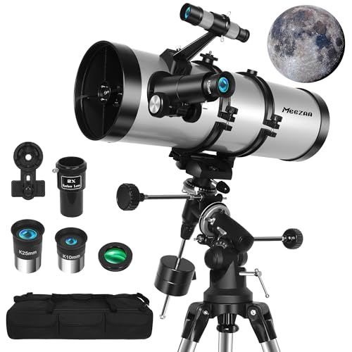 MEEZAA Telescopio Astronómico Adultos, 150EQ Newtoniano Reflector Telescopio Profesional Portátil Principiantes con Montura Ecuatorial, Trípode, Adaptador Teléfono, Filtro Lunar y Bolsa de Transporte