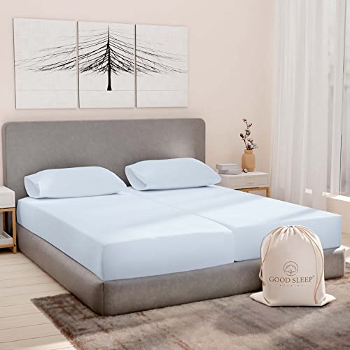 Image of Good Sleep Bedding Split King Sheets Sets for Adjustable Bed, 5 Piece, 100% Egyptian Cotton Sheets for Adjustable Beds, Sateen Weave, Ultra-Soft, 16 inch Deep Pocket BedSheets - Light Blue