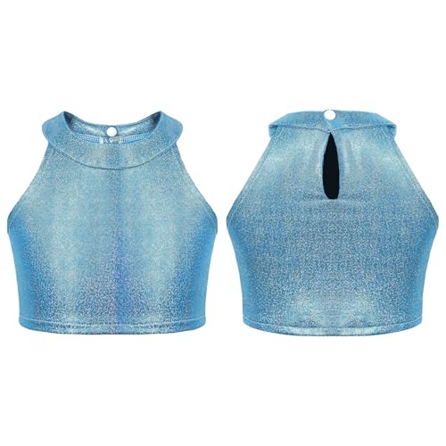 ACSUSS Holographic Shiny Metallic Dance Crop Top for Girls Halter Neck Sleeveless Party Clubwear Festival Rave Outfit3