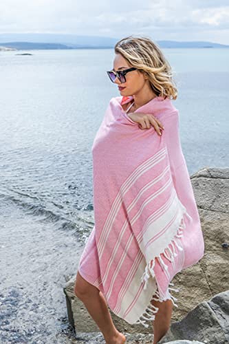 Demmex Certified 100% Organic Turkish Cotton Beach And Bath Towel, Peshtemal Blanket, Light Compact Travel Towel For Adults, Quick Dry Sand Free, Prewashed, Diamond Weave, Xl 71X36 Inches (Pink) #TOP2