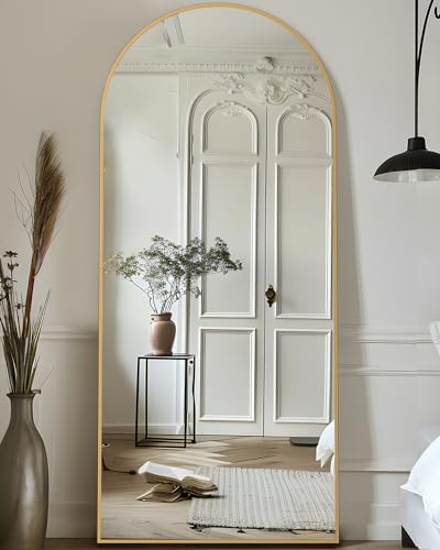 Full Length Mirror, 64"x21" Arched Floor Mirror Freestanding, Floor Standing Full Body Mirror with Stand for Bedroom, Hanging Mounted for Living Room Cloakroom, Gold