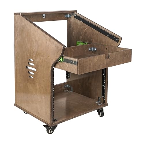 Sound Town DIY Solid Baltic Birch Plywood Studio Rack with 11U Slant Mixer Top, 8U Front, 2U Drawer, Rubber Feet, Casters, Weathered Brown (SDRK-M11X8B)