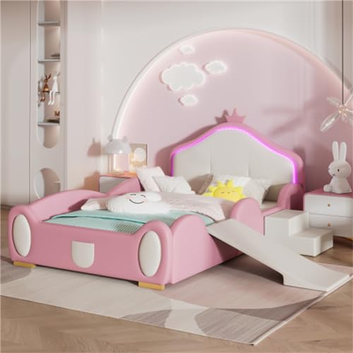 Tcewhhy Cama Infantil 90x200cm Cama Crown Cartoon con LED Cama tapizada con pequeño tobogán y escaleras Cama Juvenil para niños niñas con Bordes Protectores Suaves PU Rosa + Beige