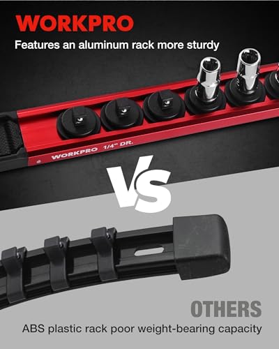 Image of WORKPRO Magnetic Socket Organizer, 1 /4 inch Drive Aluminum Alloy Socket Holder with 12PC Removable Socket Clips for Quick Customization, Socket Rail for Tool Box Drawer (Sockets Not Included)