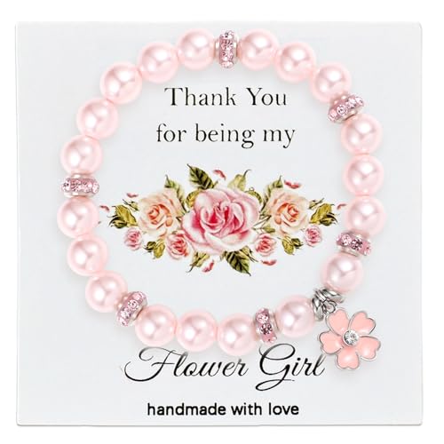 Image of Bracelet Proposal Flower Girl Wedding,Teacher Thanksgiving Gifts,Flower Pendants and Pearl Bracelets for Wife Mother Daughter Packaged in Wedding Gift Boxes