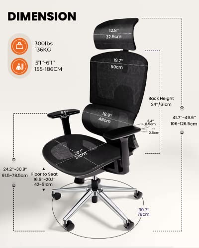 Dripex Ergonomic Office Chair - High Back Desk Chair With 3D Armrest/Lumbar Support/Headrest/Wheels, Full Mesh Seat Bottom Tilting Computer Chair For Tall People Home Rolling Swivel Chair, Black #TOP5