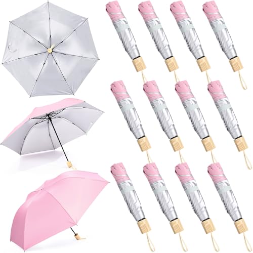 Silkfly Folding Umbrella Bulk Windproof Portable Lightweight Travel Mini Umbrella for Outdoor Wedding Bride Rain UV Sun 37.8 Inches (Pink Silver 12 Pack)