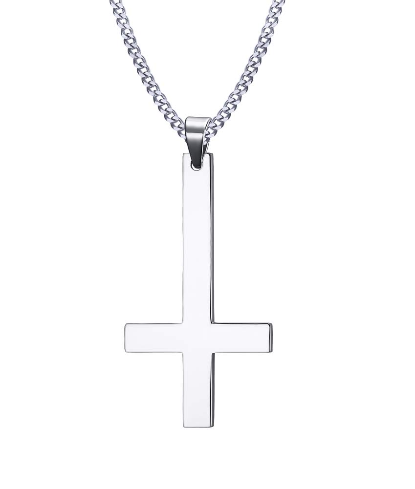 VNOXHombre de Acero Inoxidable de Las Mujeres invertido al revés Collar Colgante Collar con Cadena de Plata Cubana,60 cm