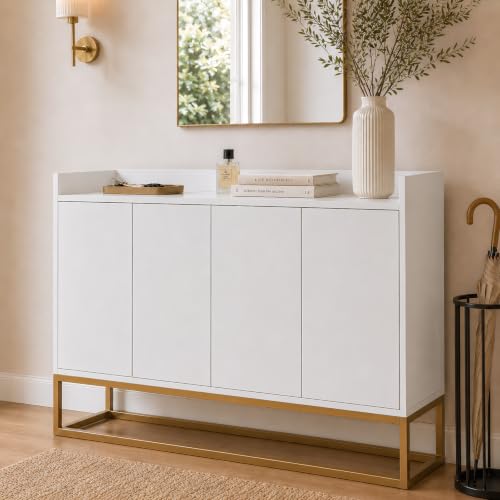 YGHQAP Aparador moderno, armario de buffet con 4 puertas sin mango, cómoda, armario de cocina, minimalista armario de cocina, armario de almacenamiento para salón, comedor, cocina, pasillo (blanco)