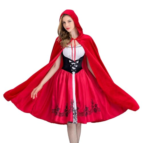Yoller Rotkäppchen Kostüm für Damen, Halloween Karneval Fasching Cosplay Partykleid, Rotkäppchen Kleid und Umhang mit Kapuze, L