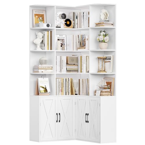 FirFurd 187.3 cm Libreria, Libreria Angolare con 12 Scomparti Aperti, Scaffale Salvaspazio con 4 Ante, Scaffale Angolare, Vetrina Espositiva, per Soggiorno, Studio, 80x80x187.3cm (Bianco)