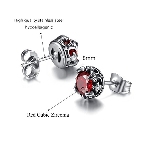 Revemcn Jewelry Silver Tone Stainless Steel Vintage Stud Earrings For Men Women, Various Styles (Red Cz) #TOP2