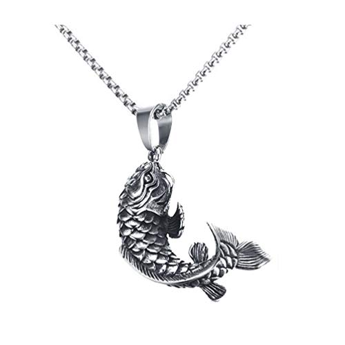 OAKKY Rétro Chanceux Sign Chinois Koi Carp Cyprinoid Fish Amulet Pendentif Collier Unisex Acier Inoxydable Art Asiatique Animal Charme avec Chaîne Cover
