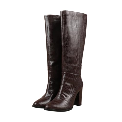 Image of Theater Women Nagini Knee-High Snake Print Boots | Chunky Block Heel & Pointed Toe | Stylish, Trendy, Comfortable Boots for Party, Casual & Fashion Wear