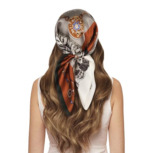EXTREE 100% Pure Mulberry Silk Scarf Fashion Hair for Women Scarf Lightweight Square Neckerchief 27.5× 27.5 inches Chain Rice Green Orange
